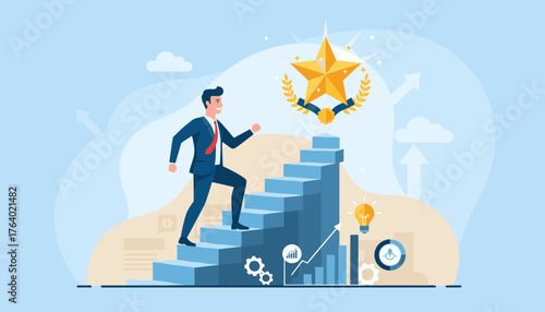 A determined businessman in a suit ascends a blue staircase towards a golden star award, symbolizing career growth, achievement, and success in business, with upward arrows, a lightbulb, and gears