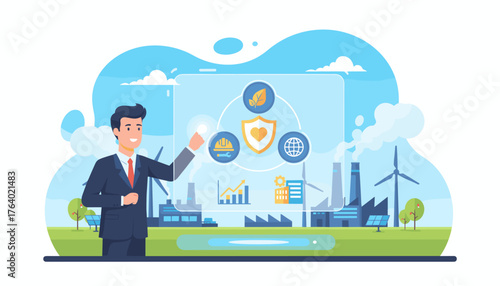 Businessman interacting with a futuristic interface displaying icons for health, safety, environment, and global responsibility, set against a backdrop of industrial facilities, wind turbines, and