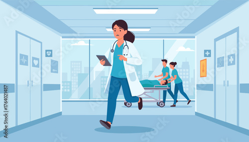 Urgent medical emergency in hospital corridor: a determined female doctor in a white coat runs with a tablet, followed by nurses transporting a patient on a stretcher, symbolizing rapid healthcare