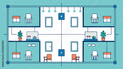 A set of floor plans for a commercial office space highlighting workstations conference rooms and communal areas with precise measurements.