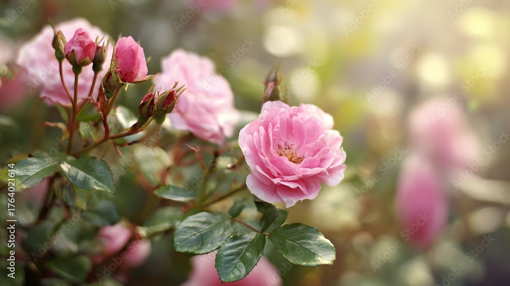Obraz premium Delicate pink roses bloom vibrantly amidst soft natural lighting in a garden setting
