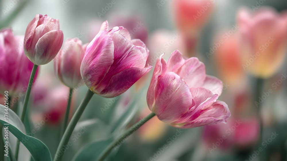 Naklejka premium Close up view captures several pink and white streaked tulips blooming in soft focus