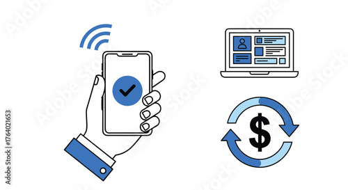 Digital finance mobile app payment success and financial data analysis icons collection