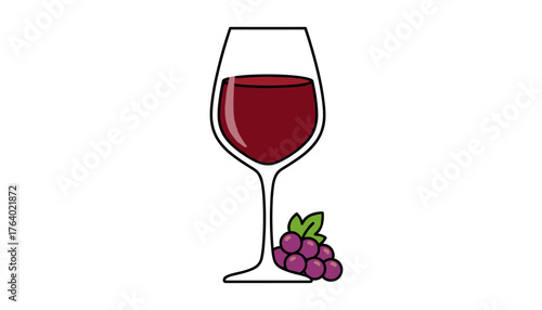 A simple, clean vector illustration of a glass filled with rich red wine, accompanied by a small bunch of ripe purple grapes, presented on a plain white background, perfect for beverage-related