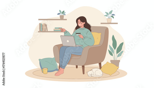 Cozy scene of a relaxed young woman comfortably sitting in an armchair, holding a credit card and laptop, engaging in online shopping from her home, with a sleeping cat nearby, plants, and books