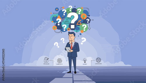 A thoughtful businessman stands on a path, surrounded by question marks and abstract shapes, contemplating a problem, curiosity, doubt, and the unknown, representing decision-making and complex