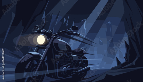 Dynamic illustration of a classic motorcycle speeding through a dark, abstract, rocky landscape with dramatic lighting and motion blur, emphasizing speed and adventure.