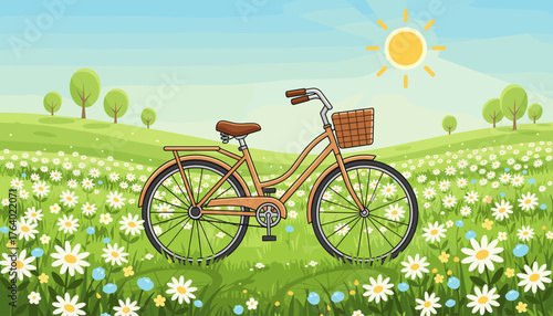 Charming vintage-style bicycle with a woven basket parked serenely in a sun-drenched meadow bursting with vibrant white daisies and delicate blue wildflowers, under a clear, bright blue sky with a