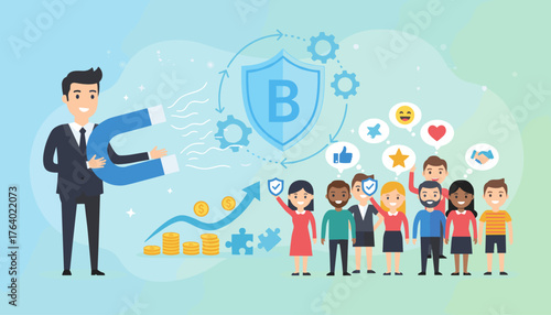 Business concept illustration of a businessman using a large magnet to attract a diverse group of happy people, symbolizing brand engagement, customer acquisition, and social media interaction with