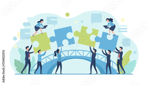 Business concept metaphor of teamwork and collaboration, diverse professionals connecting puzzle pieces to build a bridge, symbolizing synergy, problem-solving, and shared goals in a modern flat