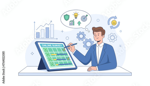 Businessman completing an online survey on a tablet, symbolizing business performance analysis, data collection, and strategic planning with icons representing security, ideas, goals, growth, and