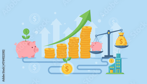 Vibrant illustration depicting financial growth and investment strategies, featuring a piggy bank with a sprouting plant, stacks of coins, a balanced scale comparing a piggy bank to a money bag, and