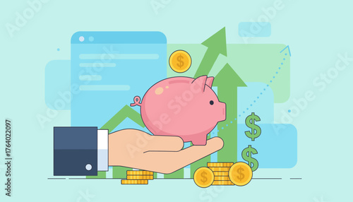 A businessman's hand carefully holds a pink piggy bank, symbolizing savings and financial growth, against a backdrop of rising green arrows and stacks of golden coins, representing investment success