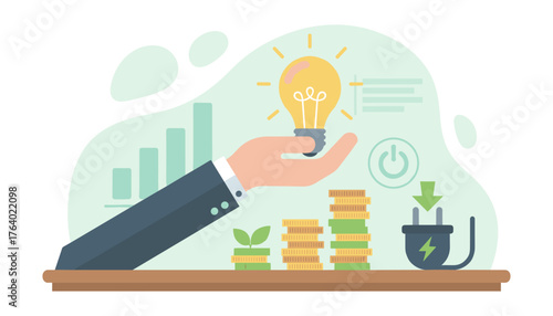 Conceptual illustration of a businessman's hand holding a glowing lightbulb, symbolizing innovation and ideas, above stacks of coins and a growing plant, representing financial growth and investment