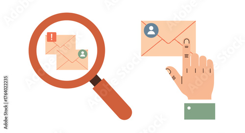 Magnifying glass reveals email details while finger points to contact icon on envelope