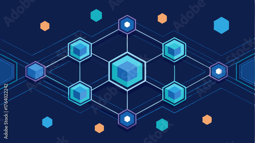 An abstract representation of blockchain technology using interlinked hexagons and waves.