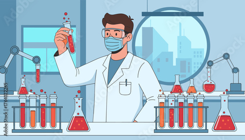A scientist in a lab coat, mask, and goggles holds up a test tube filled with red liquid, surrounded by robotic arms and various beakers and flasks containing bubbling red and orange solutions