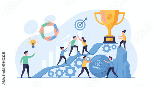 Goal-focused teamwork and motivation pave the way to achieving success, overcoming obstacles, and reaching the ultimate prize of a golden trophy, symbolizing victory and accomplishment in business.