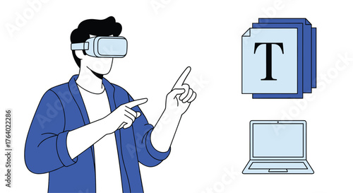 Man in virtual reality headset interacting with digital data on a futuristic interface