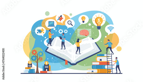 Vibrant illustration depicting innovative learning and inspiration derived from reading, featuring people interacting with technology, books, lightbulbs, and gears, symbolizing education, creativity
