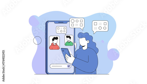 Modern flat vector illustration of a young woman actively engaged in a live chat conversation on her smartphone, with profile icons and speech bubbles showcasing communication and digital