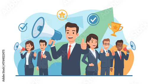 Diverse group of business professionals in suits giving thumbs up and holding megaphones, symbolizing teamwork, success, positive feedback, and effective communication, with a trophy and checkmarks