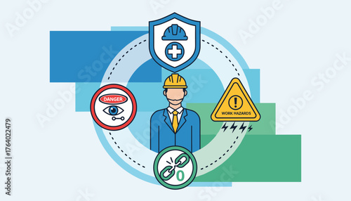 Safety-first concept illustration featuring a businessman in a hard hat surrounded by icons representing danger, work hazards, and a broken chain link, emphasizing workplace safety and risk