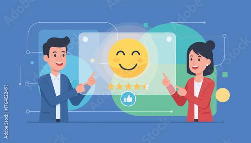 Customer satisfaction concept with happy emoji, five stars rating, and thumbs up icon, presented by diverse business people interacting with a digital interface, symbolizing excellent service and
