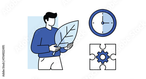 Man with feather and icons representing time and teamwork for abstract concepts