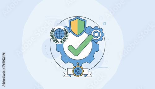 Abstract illustration of top service quality assurance and guarantee, featuring a checkmark, shield, globe, gear, and award emblem, symbolizing excellence, reliability, and international standards in