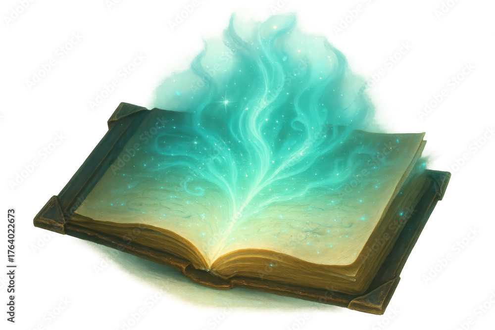 Fototapeta premium Open spell book glowing with mystical energy, ancient wisdom revealing magical knowledge and fantasy power