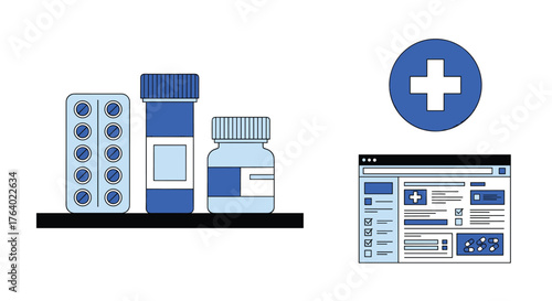 Medical healthcare pharmacy pills bottles pills prescription drug online digital health services and cross symbol