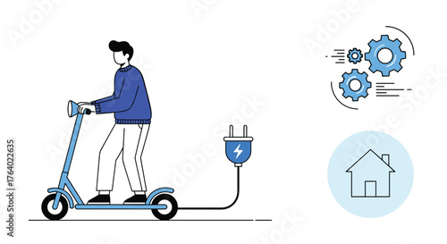 Man riding electric scooter connected to charger symbolizing sustainable urban transportation and technology innovation