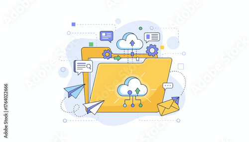 Vibrant yellow document storage folder with cloud computing icons, gears, paper airplanes, and envelopes, symbolizing data transfer, digital storage, and communication in a modern flat illustration