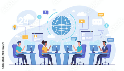 Modern flat illustration of a 24/7 customer service hotline with operators wearing headsets, working at computers, and connected to a global network, symbolizing communication and support services.
