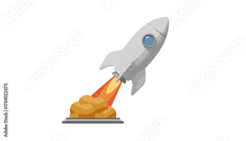 Realistic 3D render of a white rocket launching into space, emitting bright orange and yellow flames and smoke from its engine, symbolizing progress, innovation, and exploration, isolated on a clean