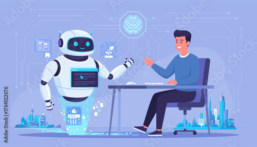 Futuristic scene of a man collaborating with an advanced AI robot, showcasing the integration of artificial intelligence and technology in modern life, with digital interfaces and a cityscape in the
