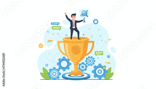 Vibrant vector illustration depicting a triumphant businessman standing atop a golden trophy, holding a sign with a rising graph, symbolizing business goal achievement and success, surrounded by