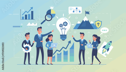 Diverse team of professionals collaborating on a business strategy, featuring a lightbulb symbolizing innovation, charts for growth, a rocket for launch, and mountains representing challenges and