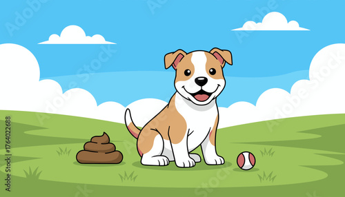 Adorable cartoon American Pitbull puppy sitting happily on a green grassy field under a bright blue sky with fluffy white clouds, next to a pile of dog poop and a red and white ball, representing pet