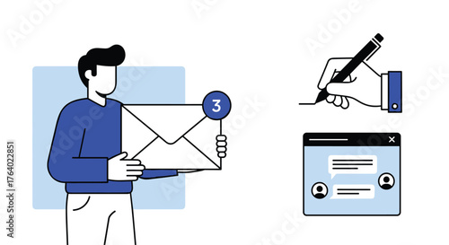 Person holding email envelope and writing hand with pen next to computer screen