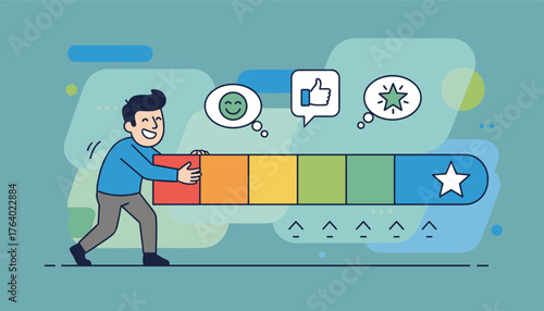 Happy customer embraces a colorful rating scale from red to blue, symbolizing a positive experience and excellent feedback, with icons of a smiling face, thumbs up, and a star indicating satisfaction