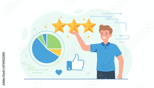 A smiling man proudly displays three golden stars, representing a top customer experience score, next to a pie chart and a thumbs-up icon, symbolizing positive feedback and excellent service ratings