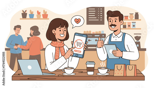 A smiling woman is making a mobile payment for online shopping at a coffee shop, with a barista giving a thumbs up and holding a tablet, illustrating the convenience of digital transactions and
