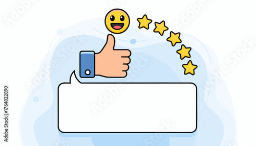 Customer satisfaction concept with a hand giving a thumbs up, a happy emoji face, and a rating of five stars, presented against a clean, light blue abstract background with subtle wave patterns and