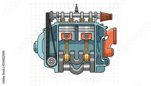 Detailed cutaway illustration of a two-cylinder internal combustion engine, presented in a clean, modern cartoon style with vibrant colors and clear component visibility, ideal for educational or