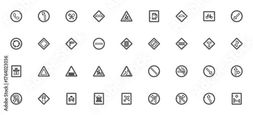Traffic Signs icon set. Vector symbols collection. Icludes road symbols for phne, turn left, restaurant,pedestrian crossing, gas sation, roundabout, trafficlights and more.