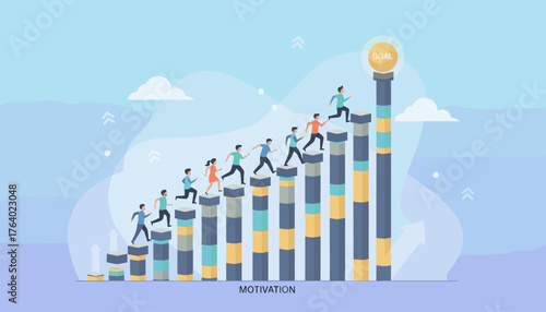 A group of diverse people energetically running up a rising bar graph, symbolizing progress, motivation, and the pursuit of goals, with the ultimate objective marked by a glowing orb labeled 'GOAL'