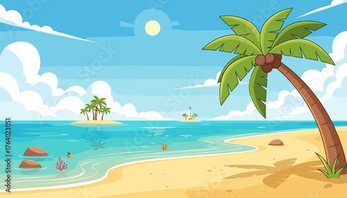 Vibrant cartoon illustration of a pristine tropical beach with golden sand, crystal clear turquoise ocean water, a leaning palm tree with coconuts, small islands with palm trees, a lighthouse on a