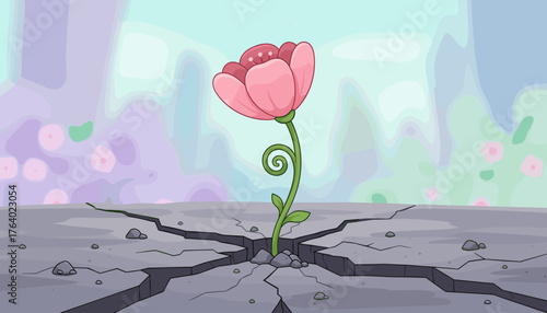 A vibrant pink flower with a curly stem emerges resiliently from a cracked concrete surface, symbolizing hope and new beginnings amidst adversity, set against a soft, dreamy background of blurred